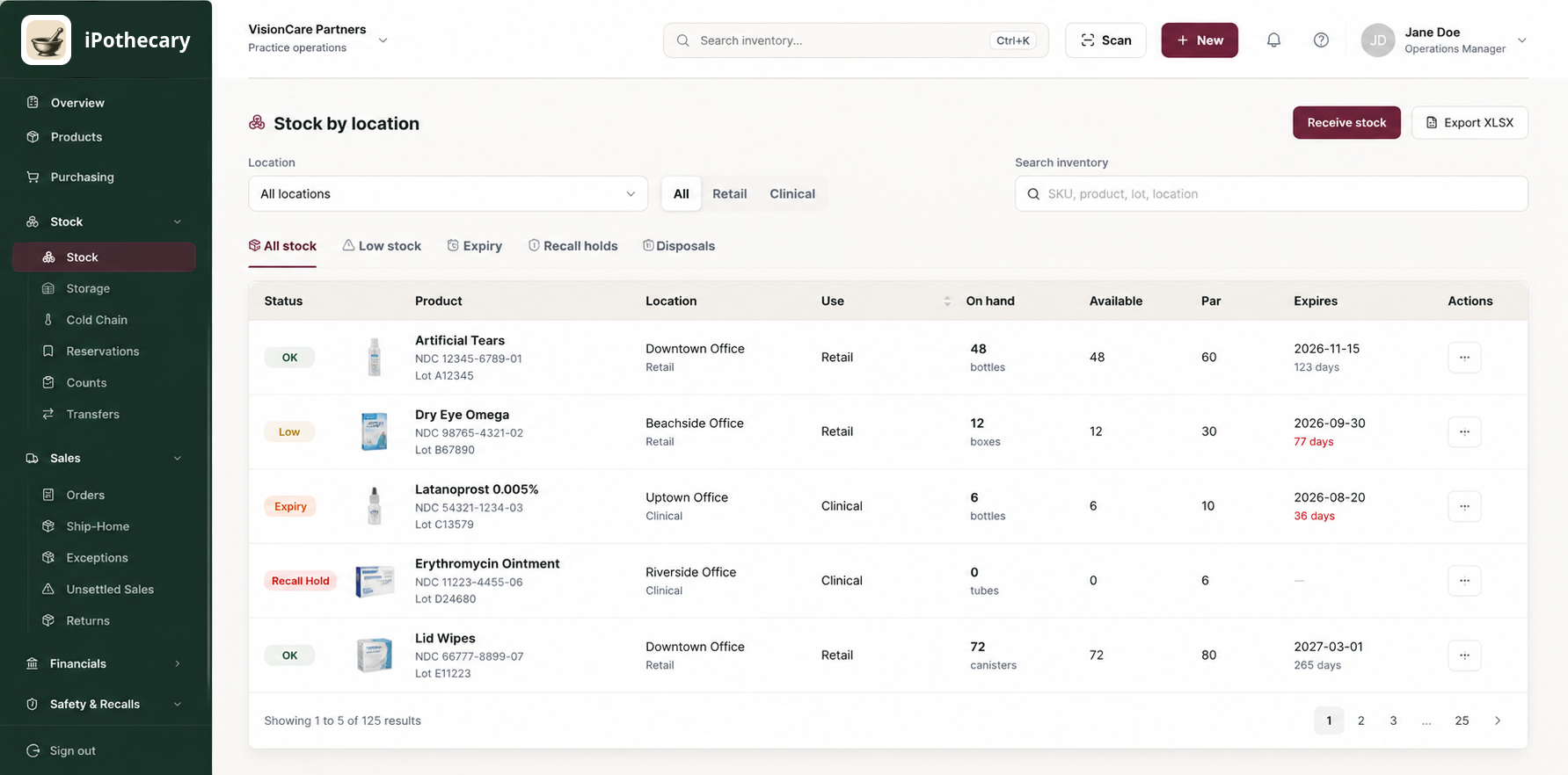 iPothecary stock-by-location screen showing inventory status, product lots, office locations, quantities, expiration dates, recall holds, and disposals