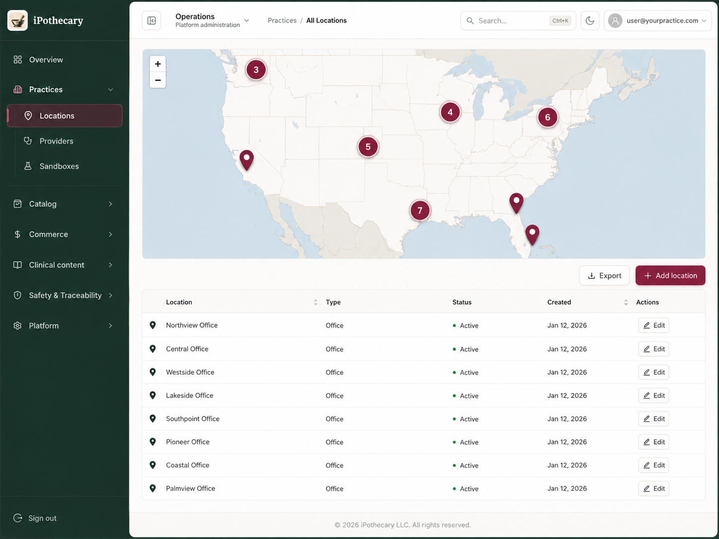iPothecary locations screen showing a practice map and an office list with location types, active status, and actions