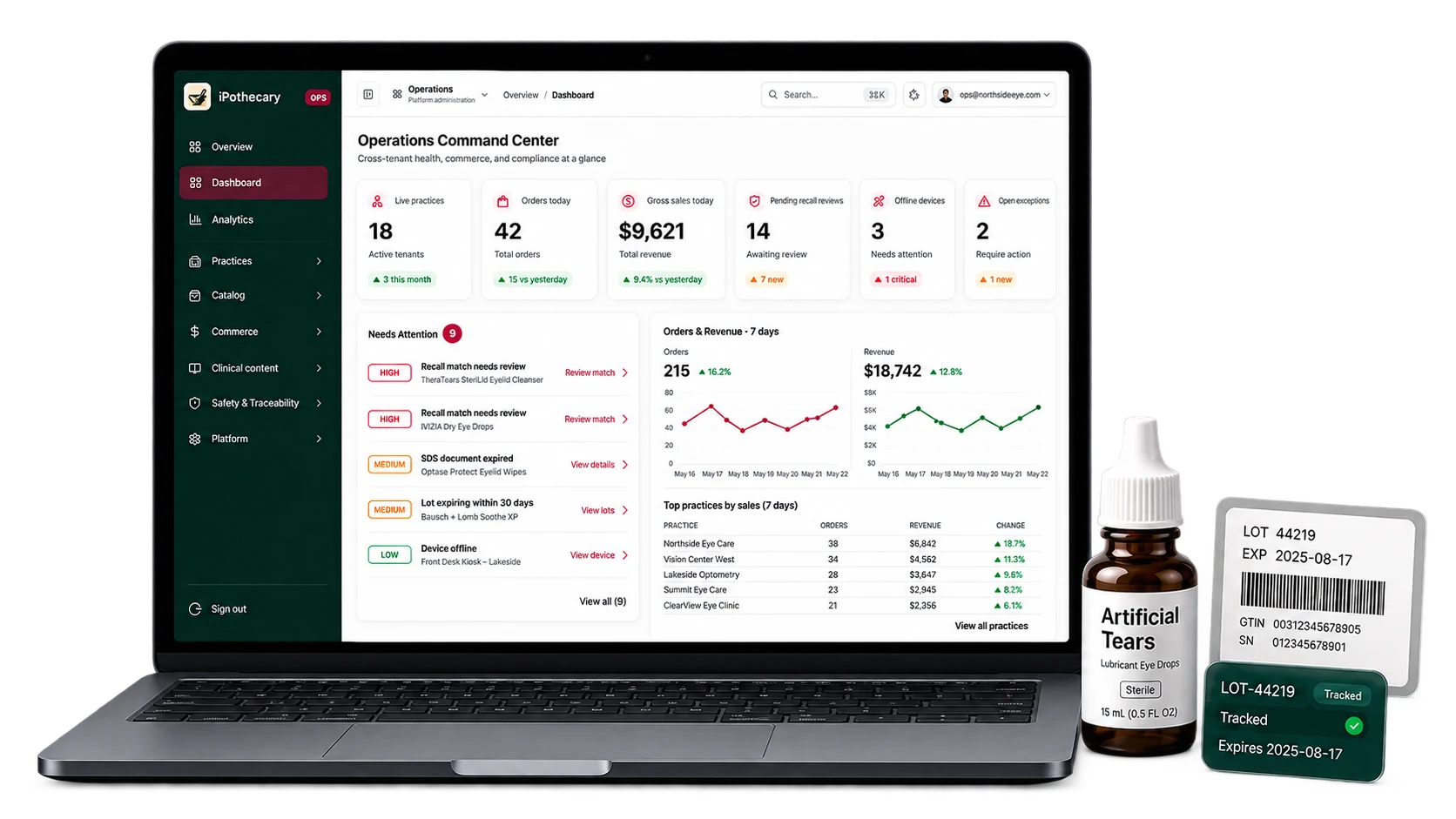 iPothecary operations dashboard shown with a tracked eye-care product and lot label