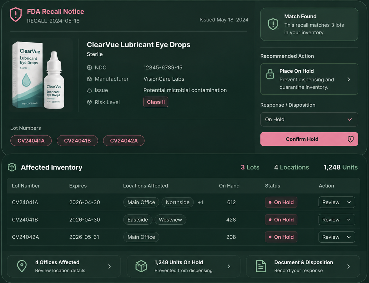 iPothecary recall workflow matching an FDA recall notice to affected lots and inventory across four practice locations